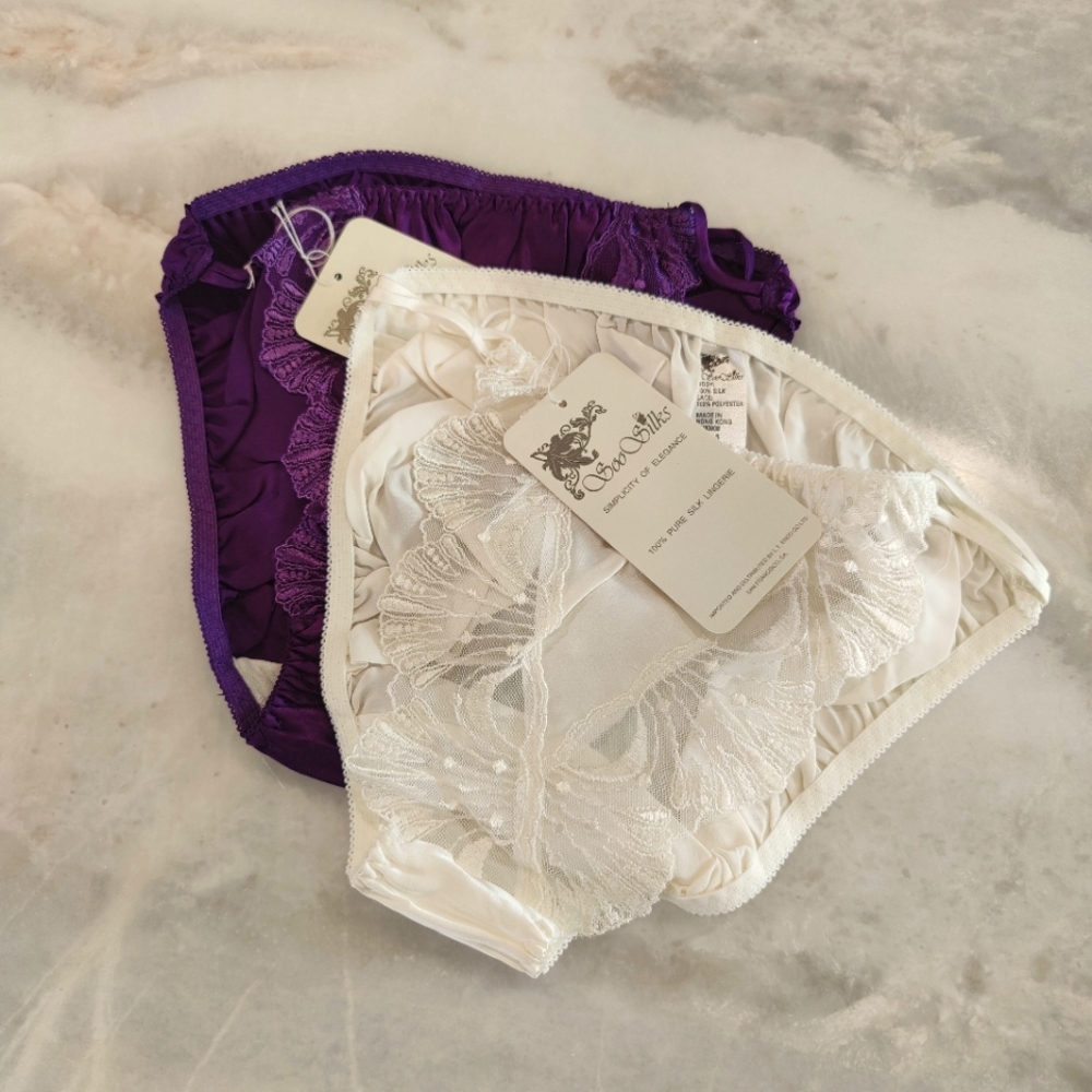 2 PCS NWT Silk Panties with Lace Trim (Shell Pattern) | Vintage Satin Briefs